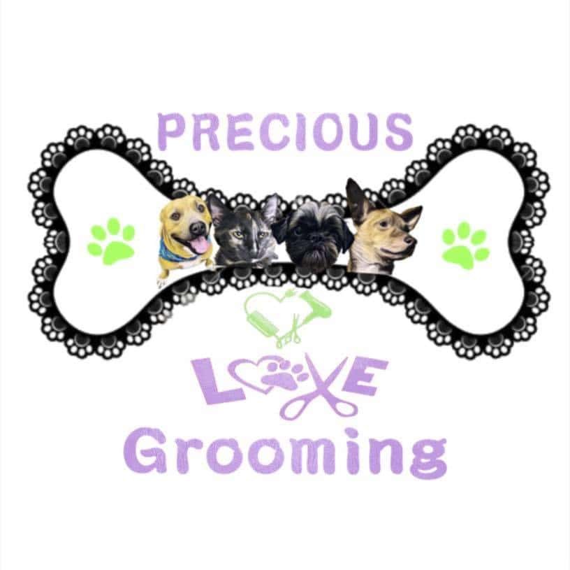 Precious love mobile grooming logo, features four dogs inside of a done bone with purple lettering and green paw prints, mobile pet grooming business